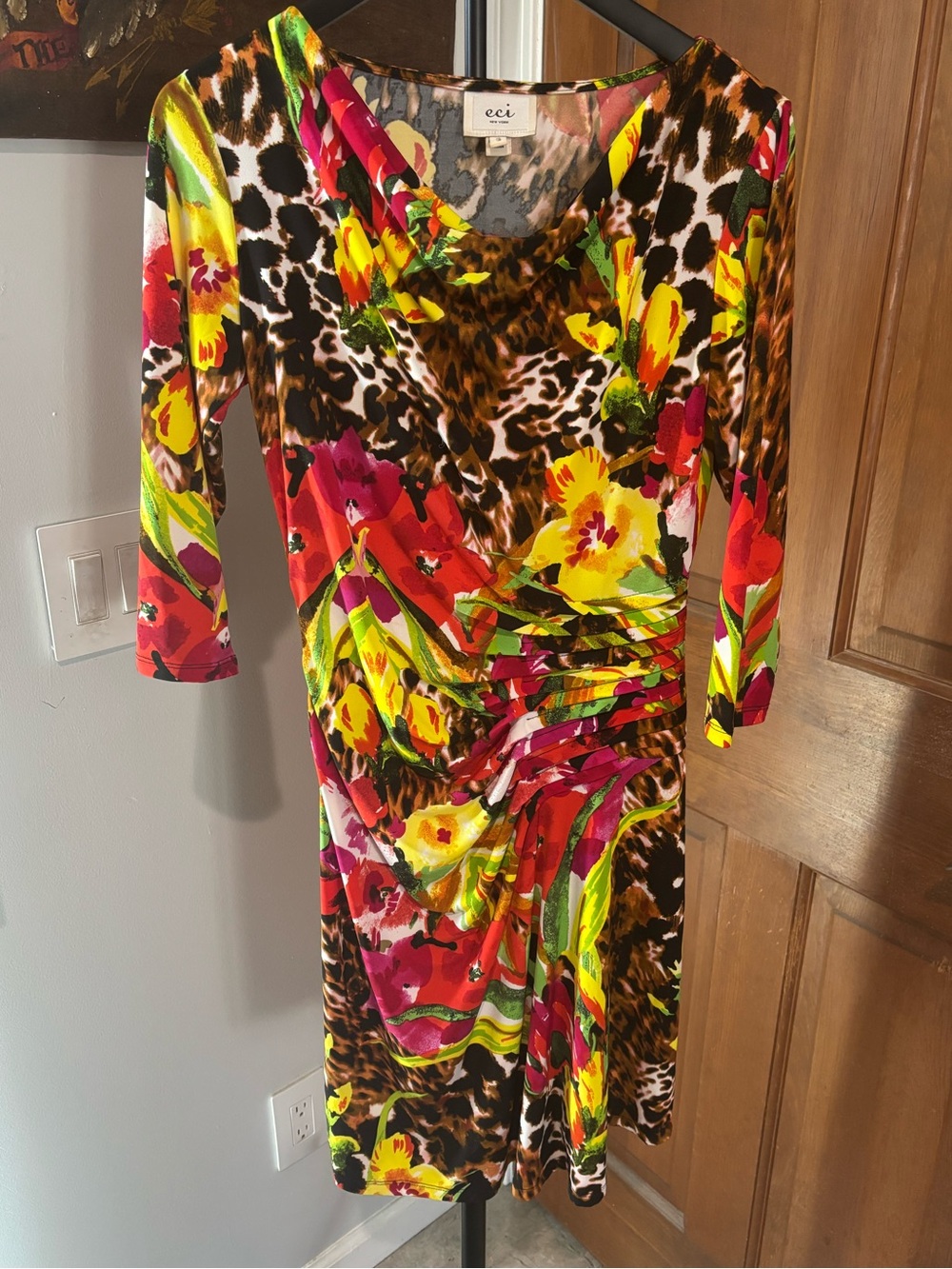 Bodycon Unique Multicolor Floral & Leopard Print Ruched Dress Women’s Small